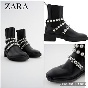 NWOT- Zara Black Pearl Strap Low Heeled Leather Boot Size EU 36 - US 6. 2128/612